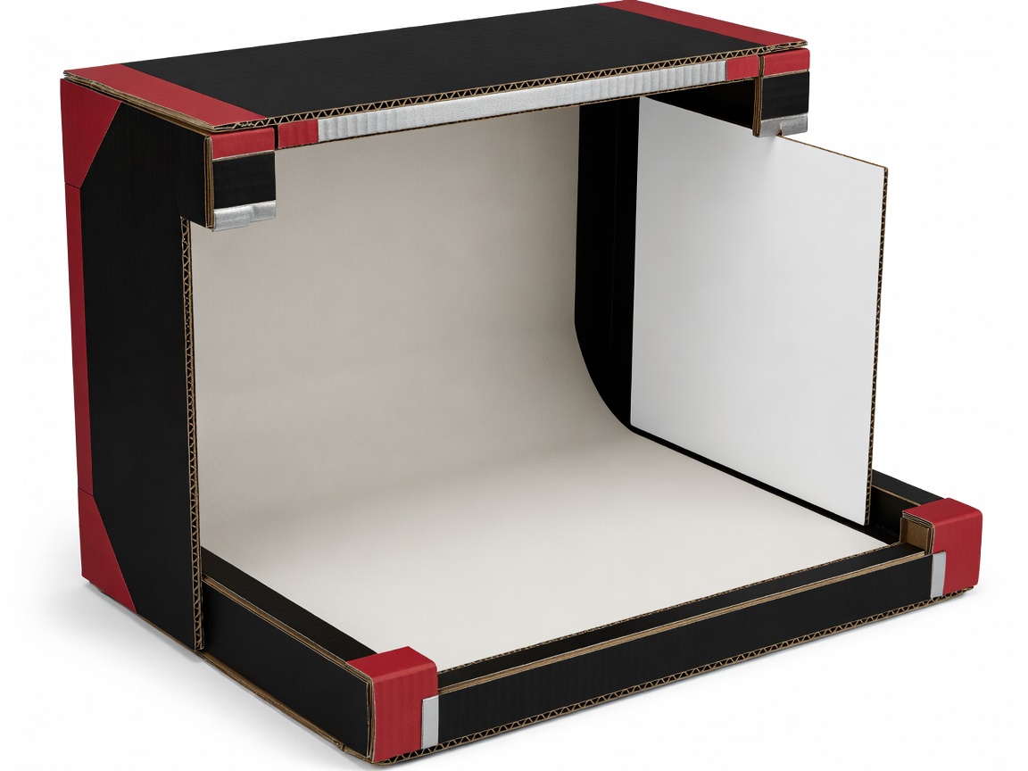 Flat black, crimson and silver cutaway of an open cardboard studio with a curved paper sweep and white bounce card