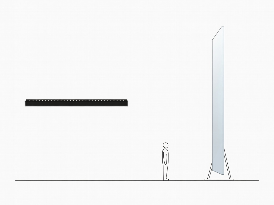 Vector side view of an LED fixture, an independently supported translucent panel and a small subject with open space between them