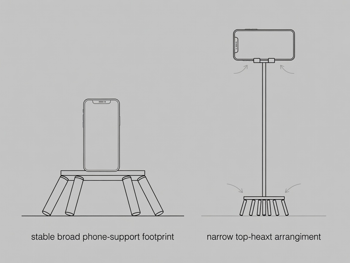 Diagram comparing a stable broad phone-support footprint with a narrow top-heavy arrangement