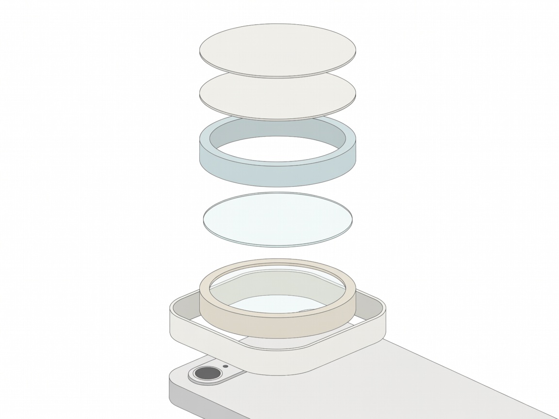 Exploded flat vector diagram of a magnifying lens held between card rings with a soft spacer above a phone camera