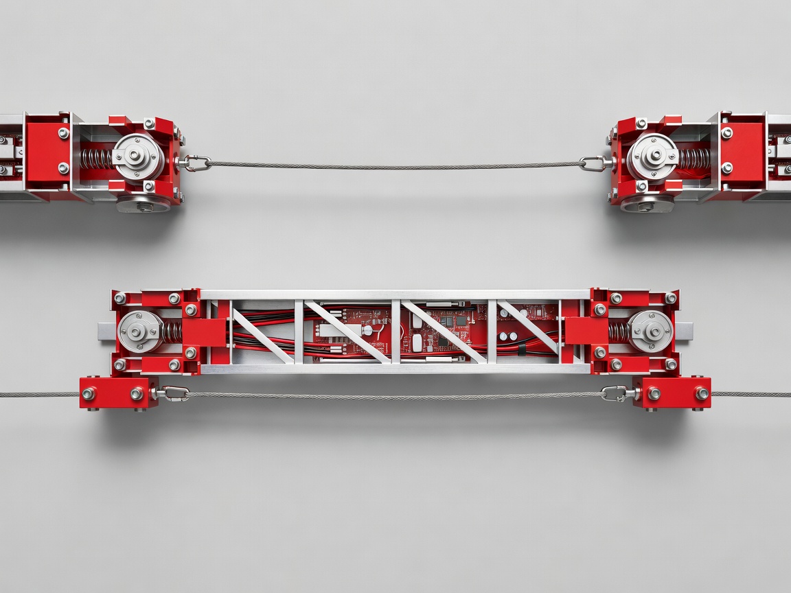 Crimson and silver cutaway of a short overhead phone bridge secured at both ends with a separate tether