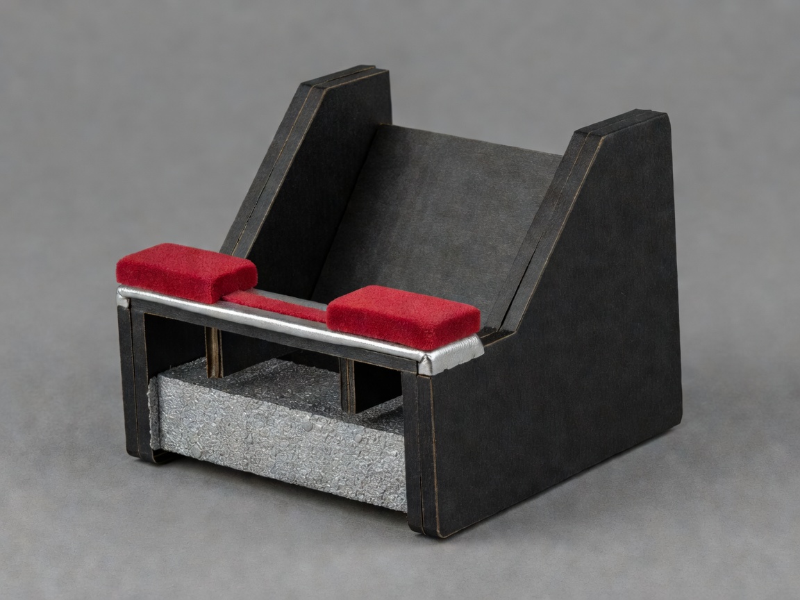 Black, crimson and silver cutaway of a cardboard phone cradle with padded retaining lip and a weighted base